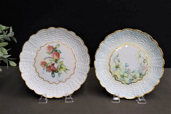 Two Antique Scalloped And Fluted Hand-Painted Wild Flower Plates, One Is Marked M.J. Aldrich