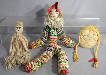 Trio Of Handcrafted Dolls: Yarn, Fabric, And Folk Art