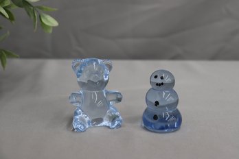 An Azure Snowman Crystal Figurine And An Oneida Azure Crystal Sitting Bear