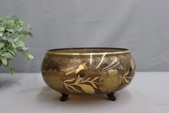 Amber Glass Three Footed Bowl With Floral Gold Overlay