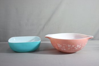 Two Vintage Pyrex Bowls - A Pink Gooseberry Mixing Bowl &  A Turquoise Square Serving Bowl