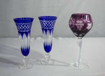 2  Towle Blue Cut To Clear 8' Bud Vases,   1 Bohemian 8.5' Grape Amethyst Purple Cut To Clear Wine Goblet