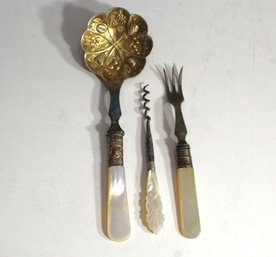 Sheffield England Scalloped Berry Server Spoon & Perfume Corkscrews &  Forks With A Pearl Handle