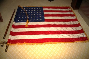 US Fringed Flag With 48 Stars And  Pole  51' X 64'