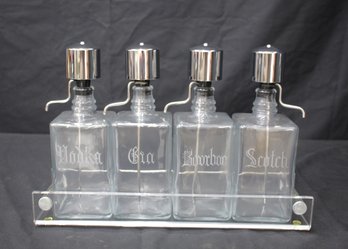 Vintage MCM Pump Liquor Dispenser Glass Decanter Set Of 4 With Lucite Tray