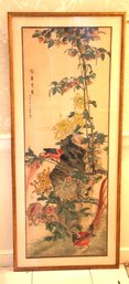 Vintage Japanese Watercolor On Paper Red Birds And Flowers, Signed Along Upper Left