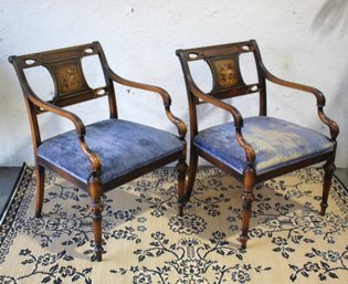 Pair Of Antique Armchairs With Hand-Painted Details And Upholstered Seats