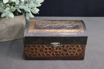 Copper Inlay Top And Surround On Burnished Wood Arch Top Dresser Chest