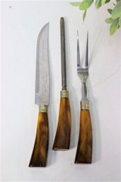 3 Pcs Hollow Ground Stainless Steel Bakelite Handle Knife, Sharpener, Fork