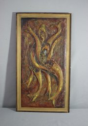 Original Semi-Abstract Oil And Applied Mixed Media Bas Relief Panel, Signed By Artist