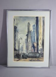 Vintage Original Watercolor City Street Scene, Signed By Artist LR