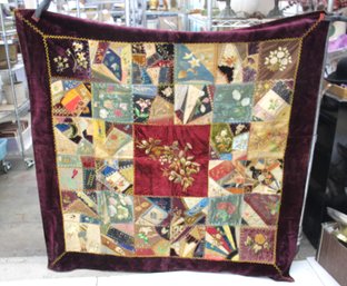 Antique Handcrafted Crazy Quilt With Velvet Border And Embroidered Details