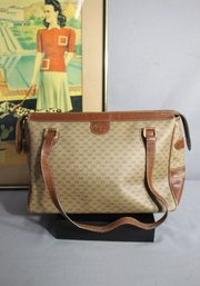 Vintage Gucci Monogram Canvas Shoulder Bag With Tan Leather Accents