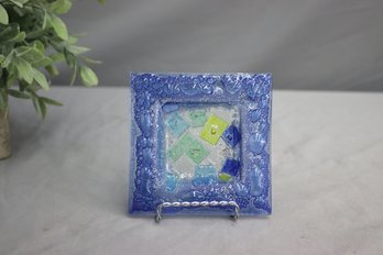 Art Glass Fused Bubble Blue Color Squares Sushi Tray Trinket Dish Rectangle