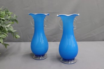 Two Vintage Murano Glass Light Blue Ruffled Top Vases