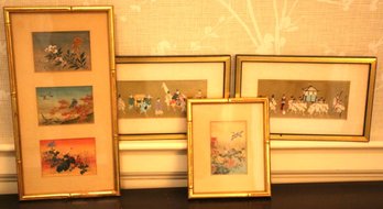 Group Of 6 Petite Hand-Painted Japanese Paintings: 3 As Triptch And 3 Individually Framed