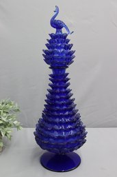 Murano Cobalt Blue Glass Feathered Pedestal Decanter With Swan-form Stopper
