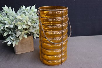 Amber Color  Art Glass Caterpillar Vase Wrapped With Embedded Wire Basket