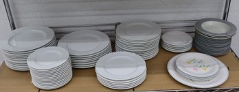 Shelf Lot Of (mostly) White Dinnerware, Variety Of Sizes