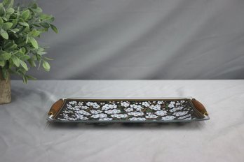 Mid Century Georges Briard Cherry Blossom Glass Trays With Teak Handles