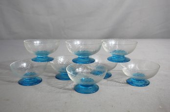 Set Of 8 Vintage Swirl Patterned Glass Salt Cellar/Nut Cups With Turquoise Pedestal