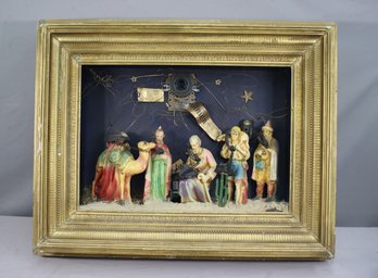 Artist Modified Nativity Set Shadow Box - Manger As Call Center - In A Golden Coppery Frame Wall Hanging