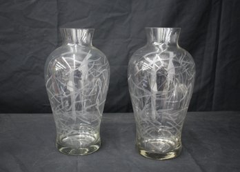 Pair Of Vintage Crystal Vases With Etched Flowers