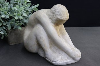 Seated Nude Form Cast In Plaster Statuette, Signed MF