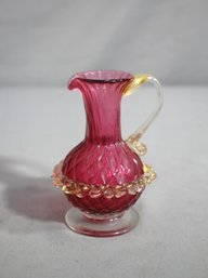 Hand-Blown Salviati Murano Pedestal Pitcher In Cranberry With Gold Flakes And Ruffled Handle