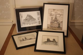 Group Lot Of Four Framed Architectual Elevation Engraving Prints