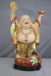 Vintage Golden Robed Laughing Buddha Statue On  Oval Wooden Base