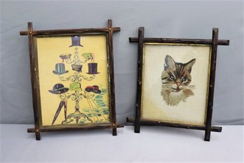 Two Vintage Tramp Art Frames With Vintage Hat Advertisement And A Cat Needlepoint
