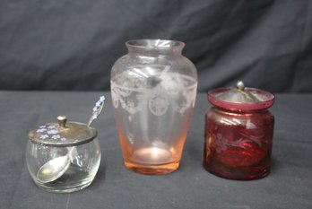 Set Of 3 Vintage Glassware Pieces -  Etched, And Cranberry Glass