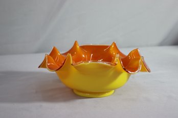 Vintage Murano Style Cased Glass Orange And Yellow Petal Ruffle Bowl