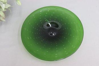 Green Hand Blown Glass Controlled Bubble Shallow Disc Bowl