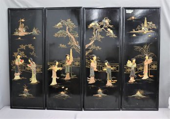 Vintage Inlay And Black Lacquer Four Panel Japanese Low Screen