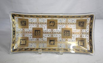 MCM Rojack Metallic Gold Print & Clear Glass Serving Tray Vintage 13.5' X 6.5'
