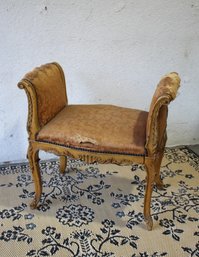 Antique French Carved Wood Upholstered Bench With Distressed Velvet Fabric