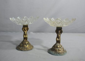 A Pair Of Vintage Crystal Cherub Base Compote Dishes