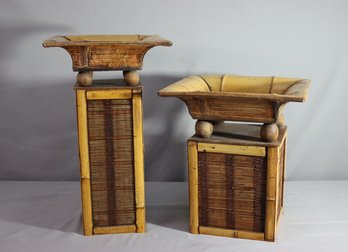 Two Bamboo & Rattan Hollywood Regency  Plant Stands, Two Heights