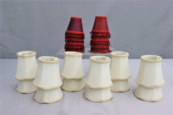 Group Lot Of  Small Chandelier Bell Shades - Swirl Cream & Red Beaded Fringe