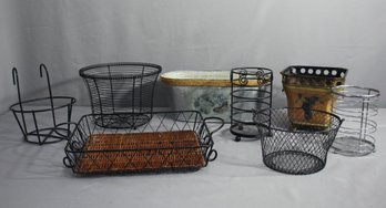 Group Lot Of Mixed Metal Bent Wire Baskets, Stands, Caddies