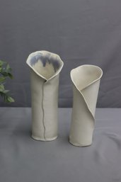 Two Vintage Studio Art Pottery Handmade Flower Fold Vase, Signed SLW