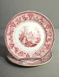 Set Of 2 Antique Neapolitan Stone Ware Plates By J. Harris - Red Transferware