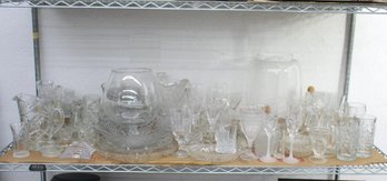 Large Shelf Lot Of Glass Crystal Glasses, Pitchers, Vases, Et Al.