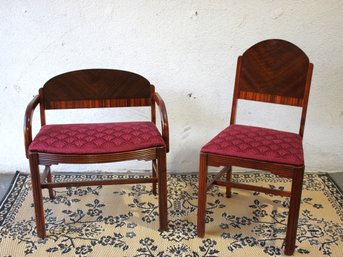 Vintage Vanity Bench And Chair Set With Mahogany Finish And Burgundy Upholstery