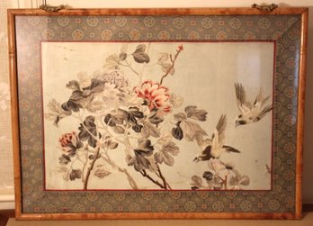 Vintage Japanese Flowers And Birds Casein Painting On Silk With Bamboo Frame
