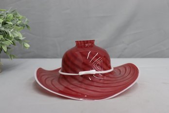 Murano-style Red/White Swirl Wavy Wide Brim Hat Glass Shade For Pendant Fixture