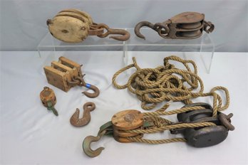 Group Lot Of Vintage Block And Tackle Pulleys, With Old Ropes