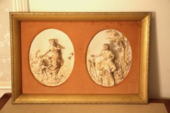 Diptych Bisque Porcelain Bas Relief Plaques Two Yound Lovers And A Cherub, Mounted And Framed